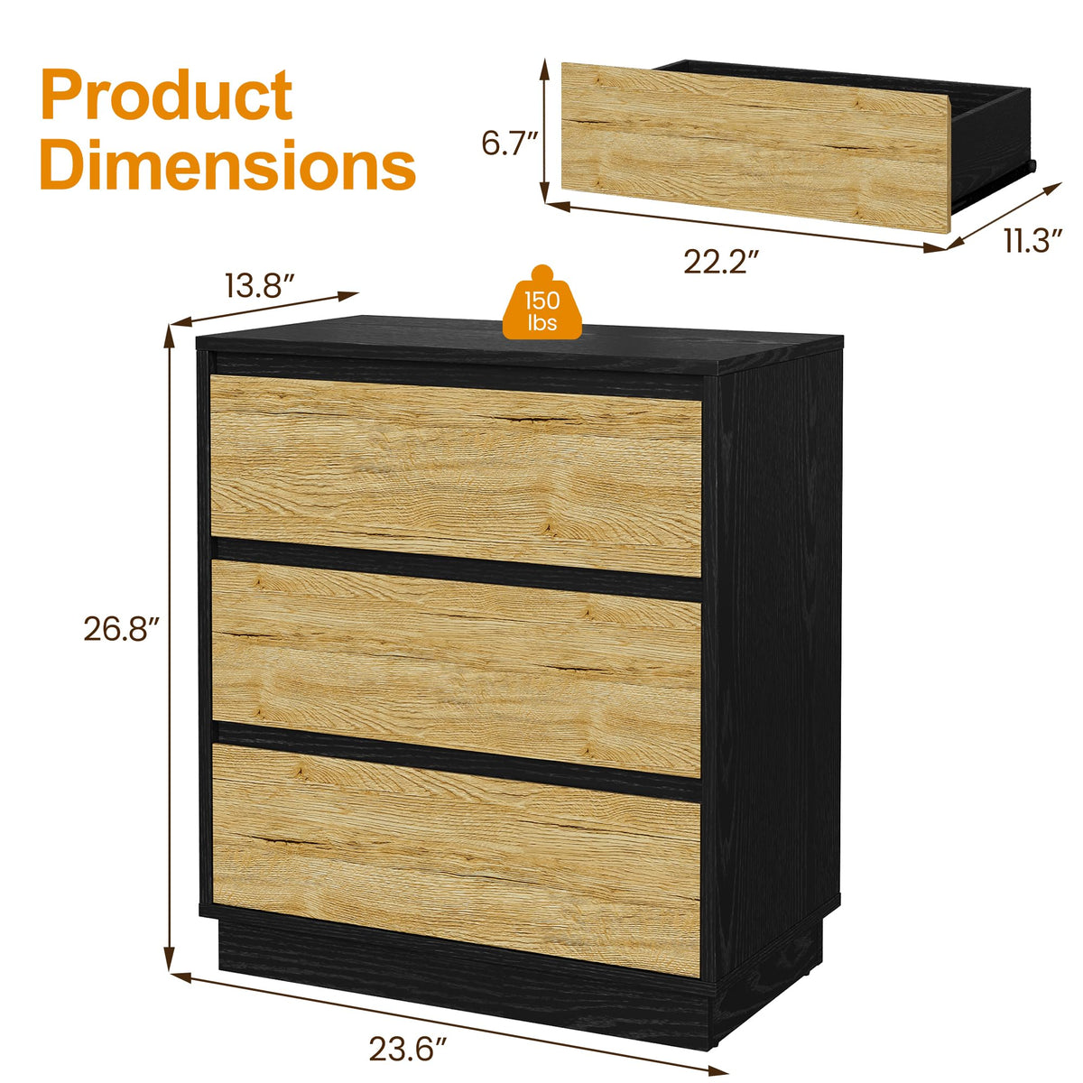 RoyaCraft Wide Nightstand with 3 Drawers, Black Nightstand for Bedroom, Large End Table Bedside Table for Living Room, Black and White