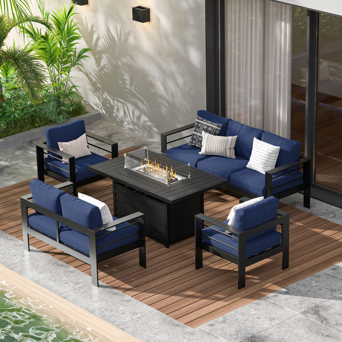 CozyHome Aluminum Outdoor Patio Furniture Set, 7 Seats Modern Patio Sectional Sofa Conversation Set, Outdoor Seating Set with Fire Pit Table for Deck Garden Backyard, Beige