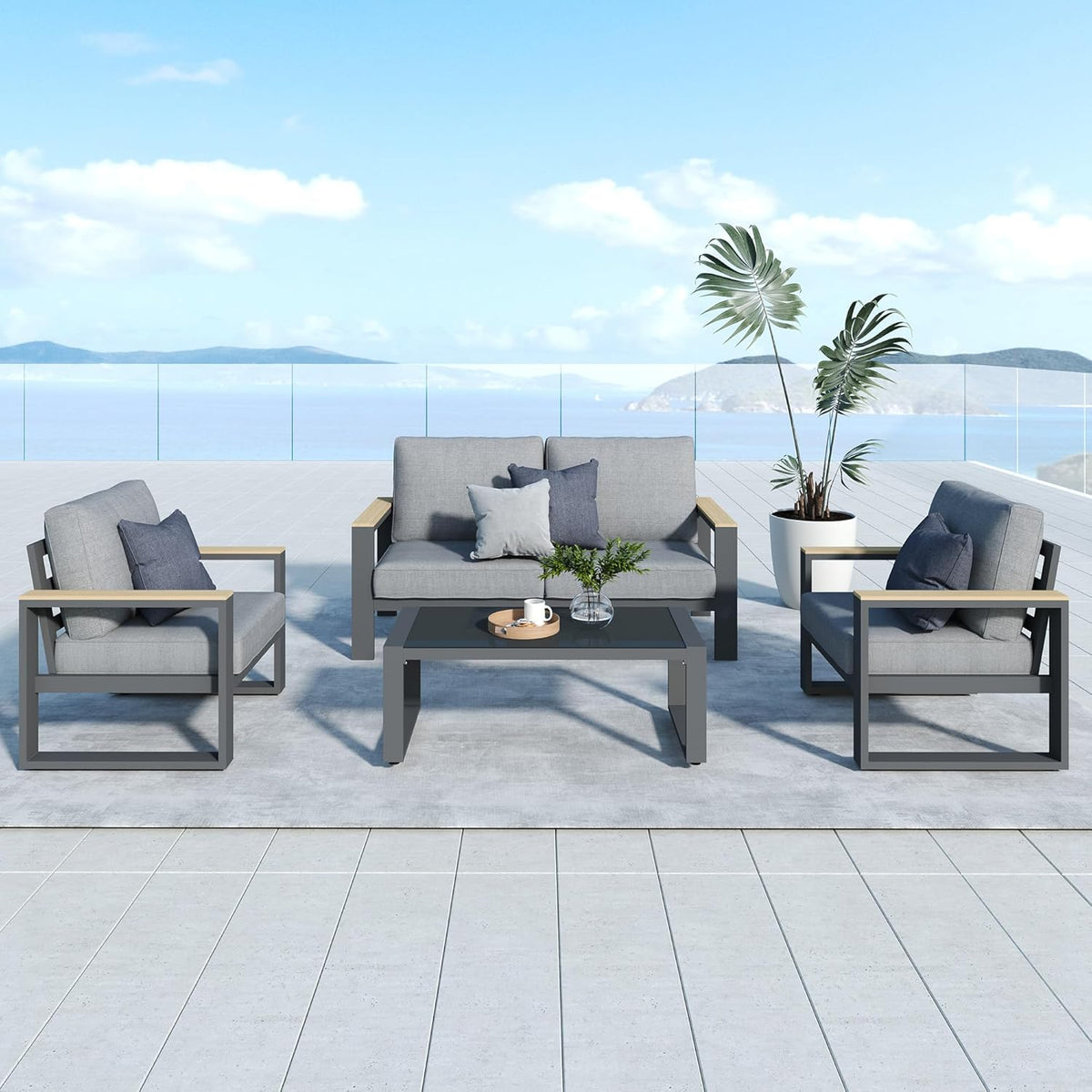 CozyHome Aluminum Outdoor Coffee Table, All-Weather Metal Rectangular Patio Side Table with Tempered Glass Top, Patio Tables for Porch Backyard Garden, Grey