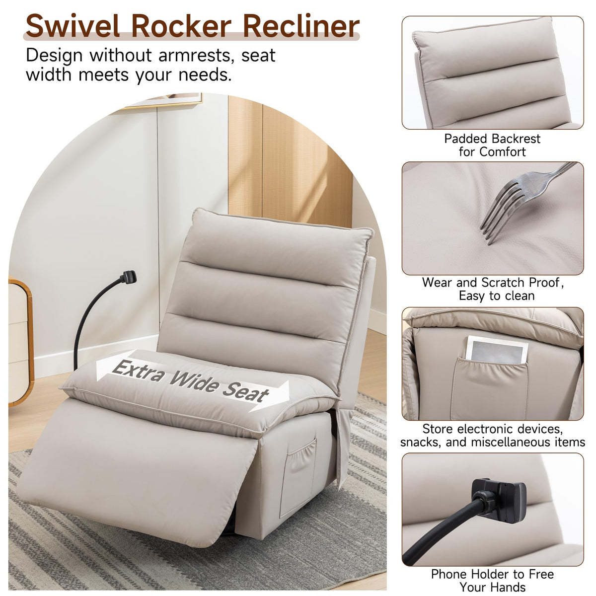 Oversized Rocker Recliner Chair for Adults, Swivel Rocking Recliner Bean Bag Chair Sofa, Armless Push Back Recliner Chair for Living Room Home Theater