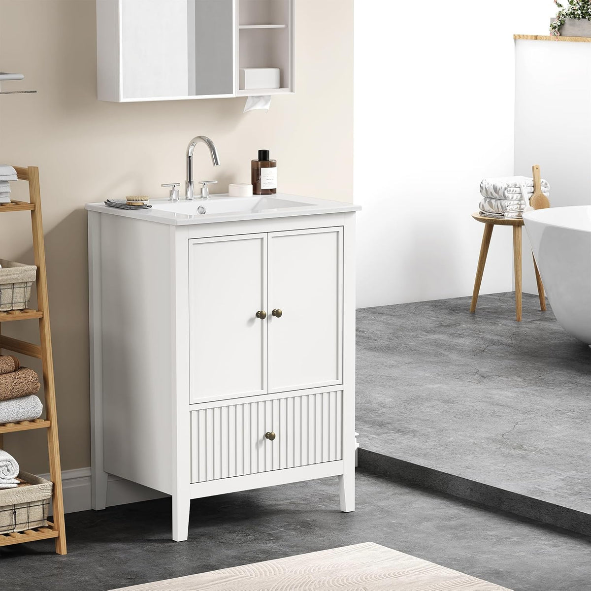Royalcraft 24'' Bathroom Vanity with Sink, Modern Bathroom Vanity Sink Cabinet with Doors and Fluted Drawers, Free Standing Bathroom Storage Cabinet with Sink Combo Set, White