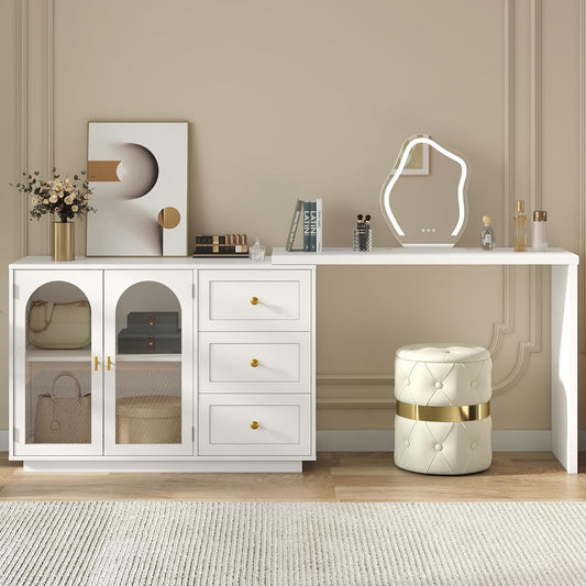 RoyalCraft 83¡± Large Extendable Makeup Vanity Desk, Corner Vanity Table with 3 Drawer & 2 Door, Modern Dressing Table and Chest of Drawers Combo, Accent Vanity for Bedroom, Dressing Room