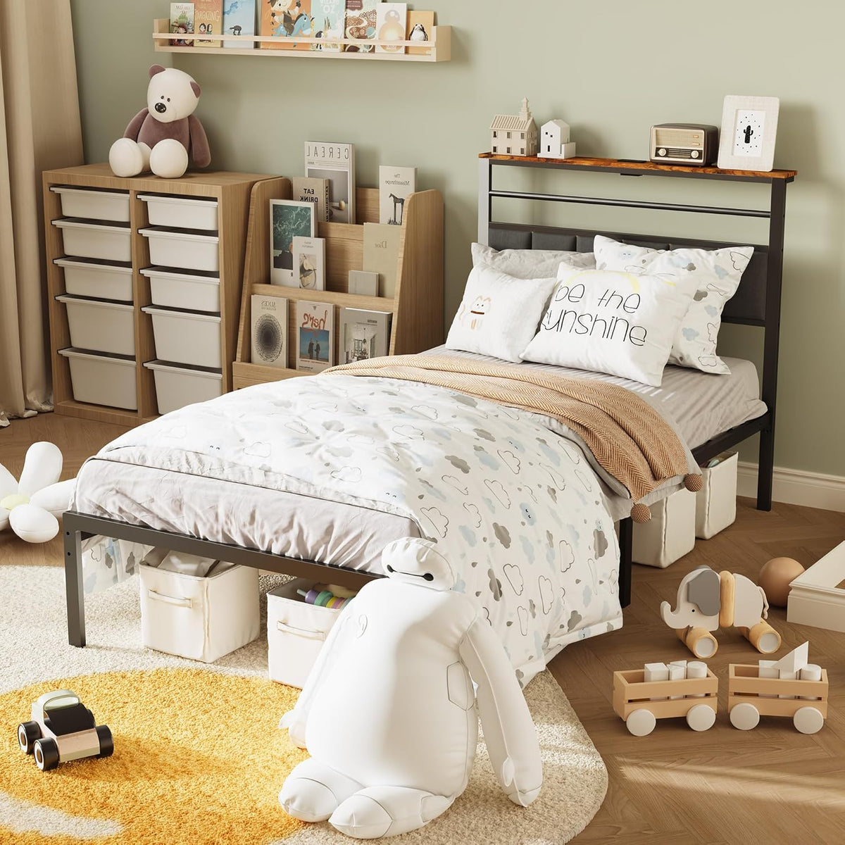 Royalcraft Bed Frame with Charging Station, Platform Bed with Metal Slats, Upholstered Headboard with Storage Shelves, No Box Spring Needed