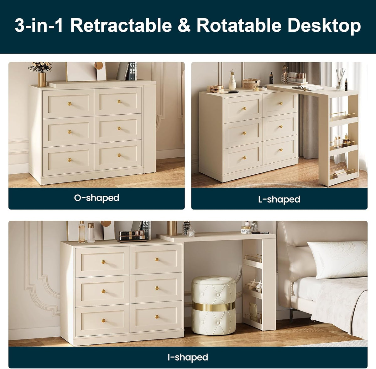 Royalcraft 6-Drawer Extendable Corner Vanity Table and Dresser Combo with 3 Side Shelves, Makeup Vanity Desk, Wood Dressing Table for Bedroom, Dressing Room