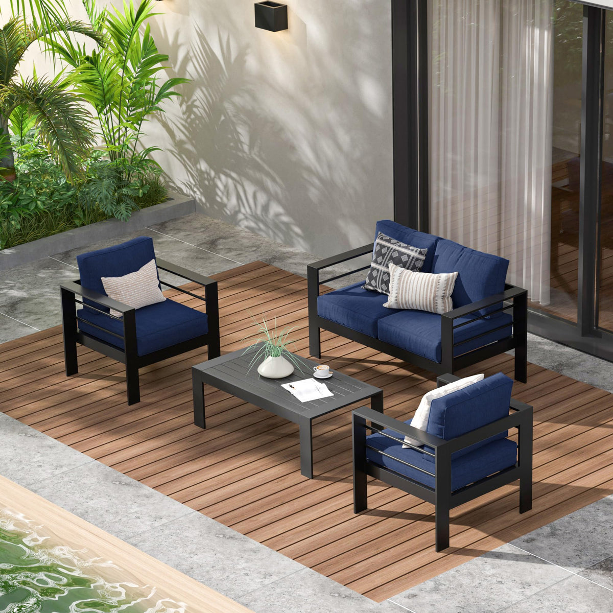 CozyHome Aluminum Outdoor Patio Furniture Set, 4 Pieces Modern Patio Sectional Sofa Conversation Set, Outdoor Seating Set with Coffee Table for Deck Garden Backyard, Blue
