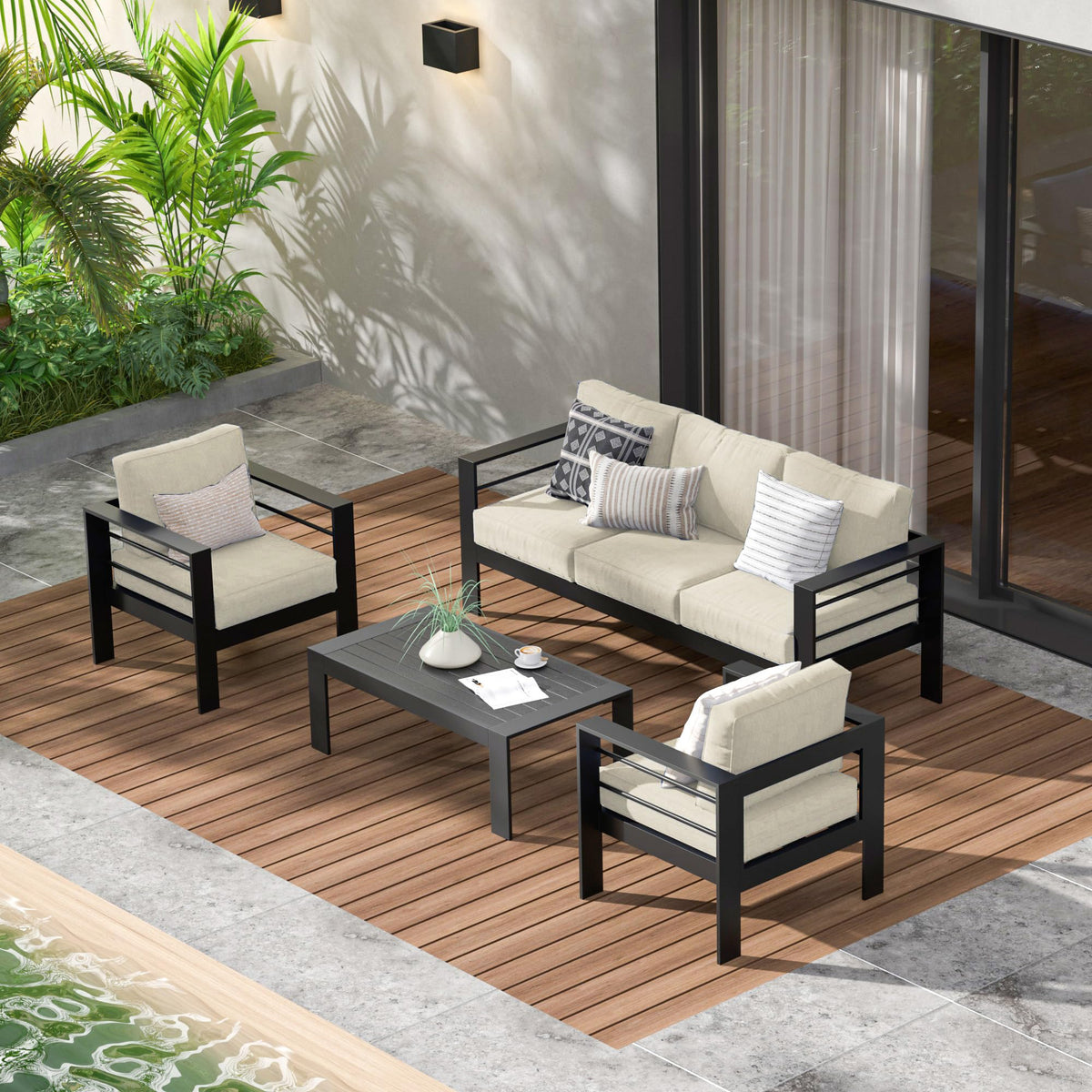 CozyHome Aluminum Outdoor Patio Furniture Set, 5 Seats Modern Patio Sectional Sofa Conversation Set, Outdoor Seating Set with Coffee Table for Deck Garden Backyard, Beige