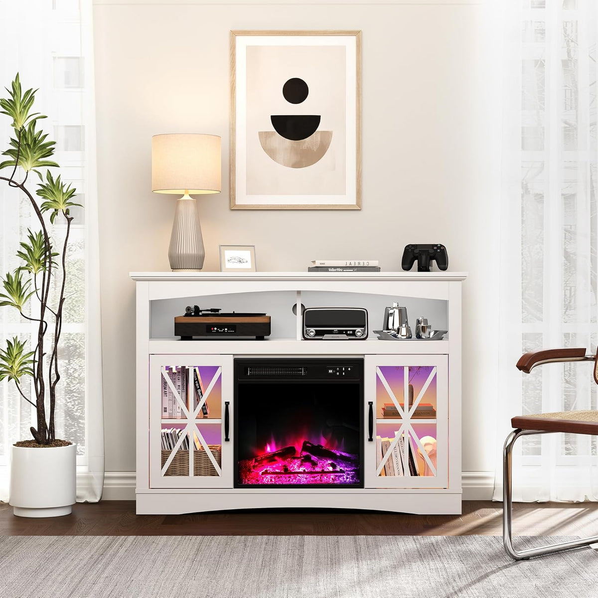 Royalcraft 47'' Farmhouse TV Stand with Fire Place, Retro TV Console with Glass Doors, Media Entertainment Center with Adjustable Shelves for 18'' Fireplace, Suitable for Living Room