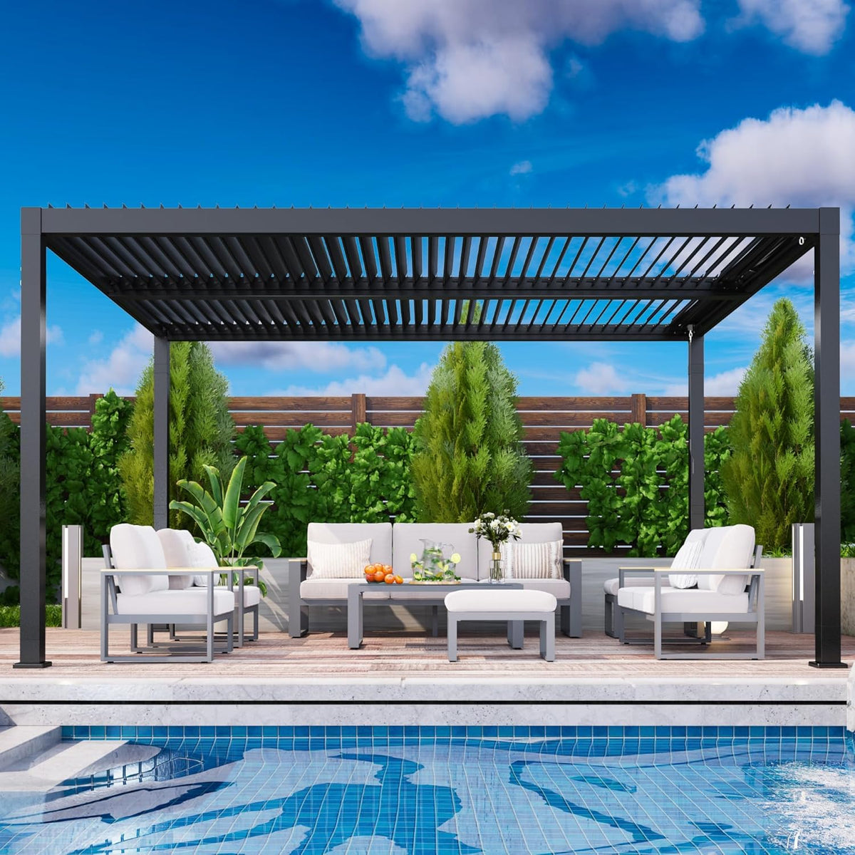 RoyalCraft Louvered Pergola 12'x 16', Aluminum Outdoor Pergola with Adjustable Rainproof and Gutter System, Metal Hardtop Gazebo for Patio, Deck, Garden, Yard, Black