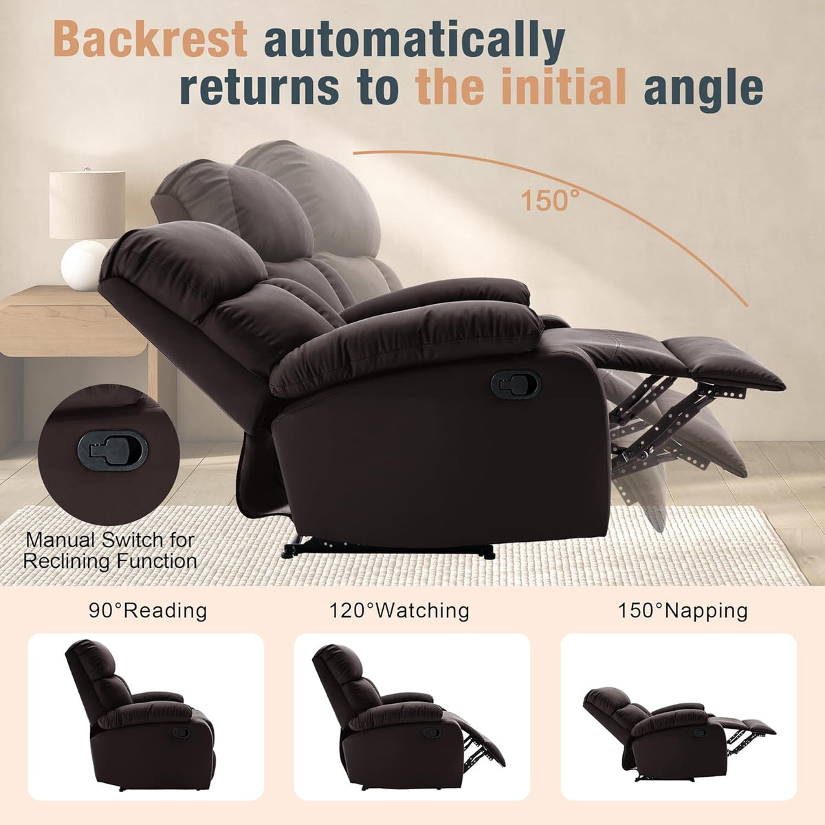 Manual Recliner Chair for Adults, Small Recliners for Small Spaces, Lazy boy Recliner Sofa Velvet Reclining Chairs for Living Room, RV, Bedroom