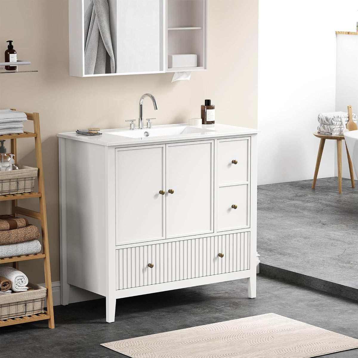 Royalcraft 36'' Bathroom Vanity with Sink, Modern Bathroom Vanity Sink Cabinet with Doors and Fluted Drawers, Free Standing Bathroom Storage Cabinet with Sink Combo Set, White