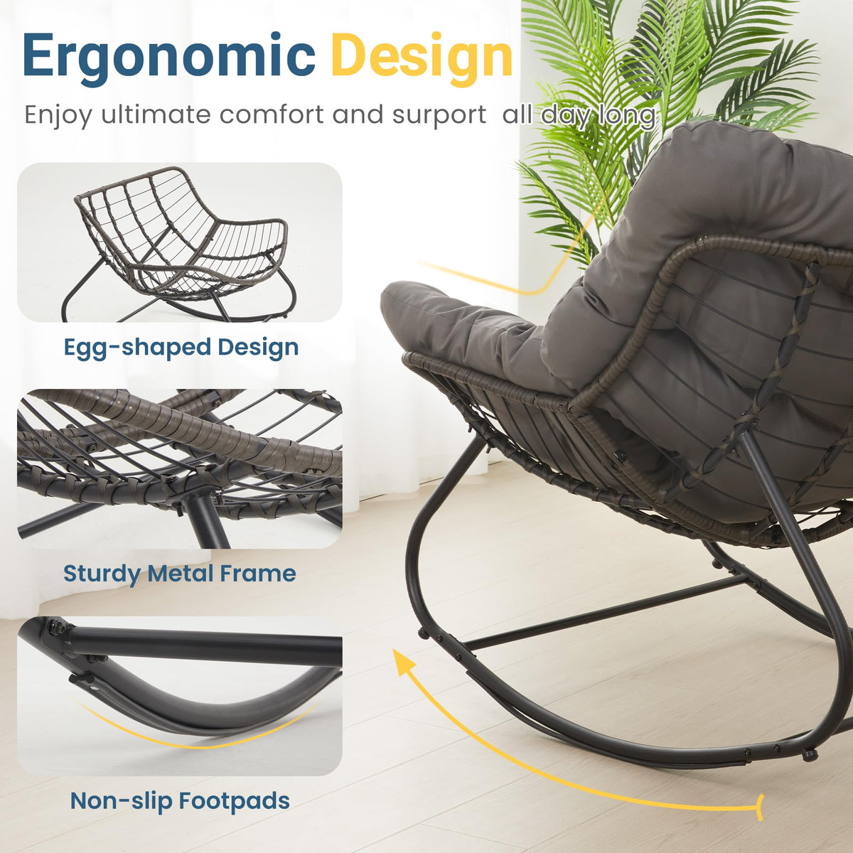 RoyalCraft Patio Rocking Chair with Ottoman, Outdoor Indoor Rocking Egg Chair with Cushions, Metal Lounge Chair Oversized Papasan Chair, Outdoor Wicker Reading Chair for Porch Garden, Dark Grey