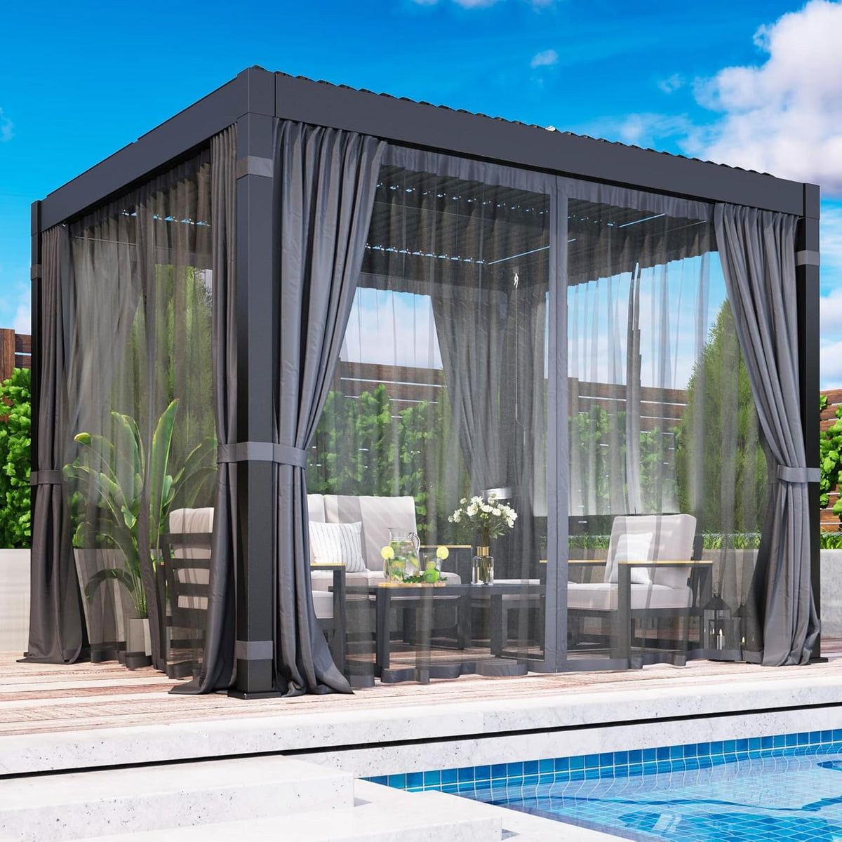 RoyalCraft Louvered Pergola 10'x 12' with Curtains & Netting, Aluminum Outdoor Pergola with Adjustable Rainproof and Gutter System, Metal Hardtop Gazebo for Patio, Deck, Garden, Yard, Black
