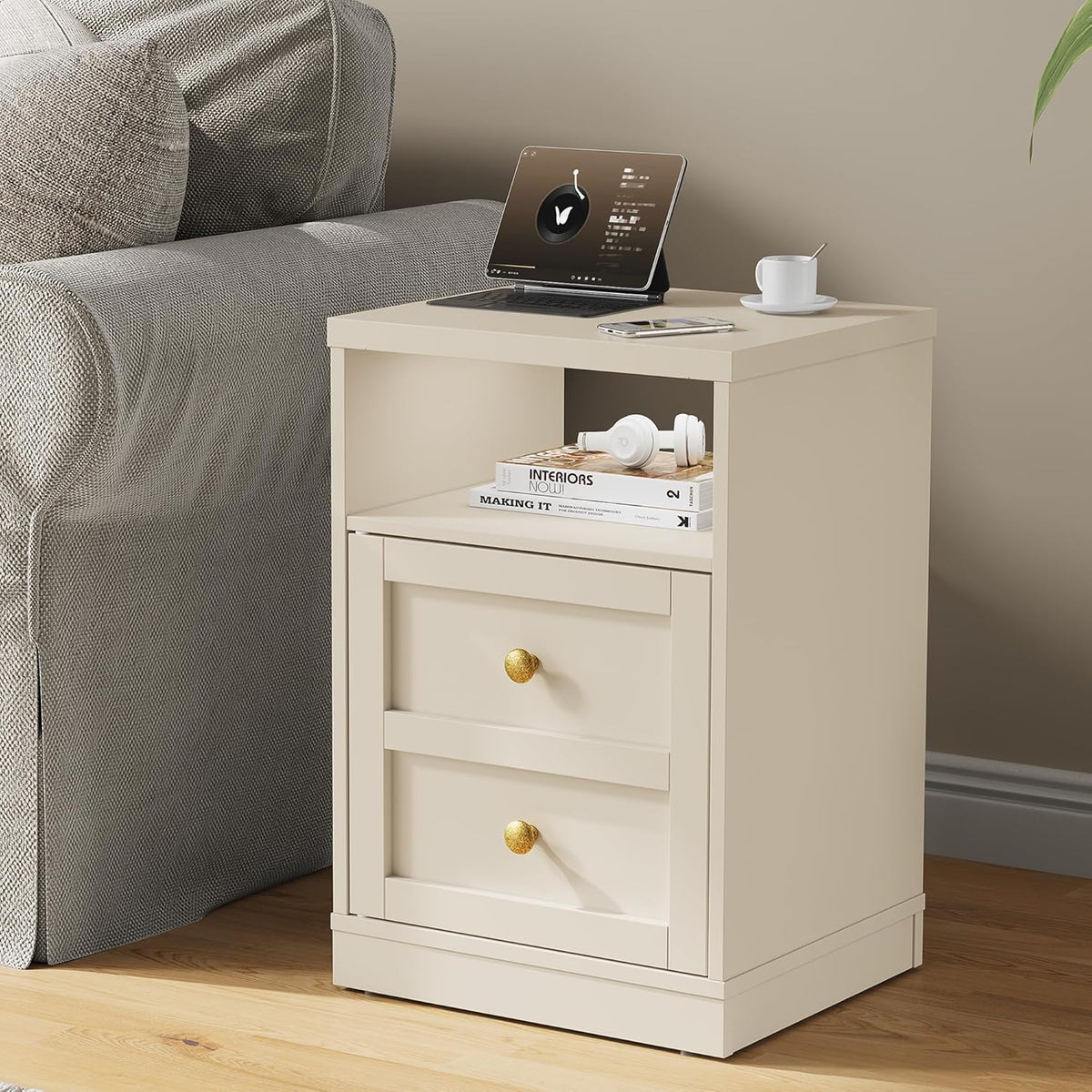 Royalcraft Nightstand with Storage Shelf and Door, Faux two-drawer Design Side Table , Modern Night Stand for Bedroom Dorm, Wood End Table for Living Room Small Spaces