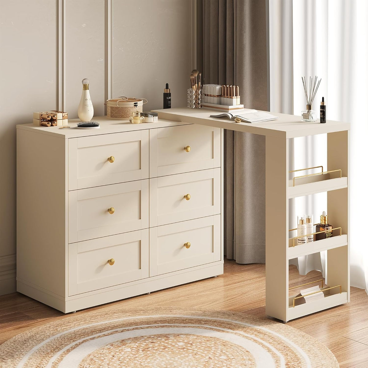 Royalcraft 6-Drawer Extendable Corner Vanity Table and Dresser Combo with 3 Side Shelves, Makeup Vanity Desk, Wood Dressing Table for Bedroom, Dressing Room
