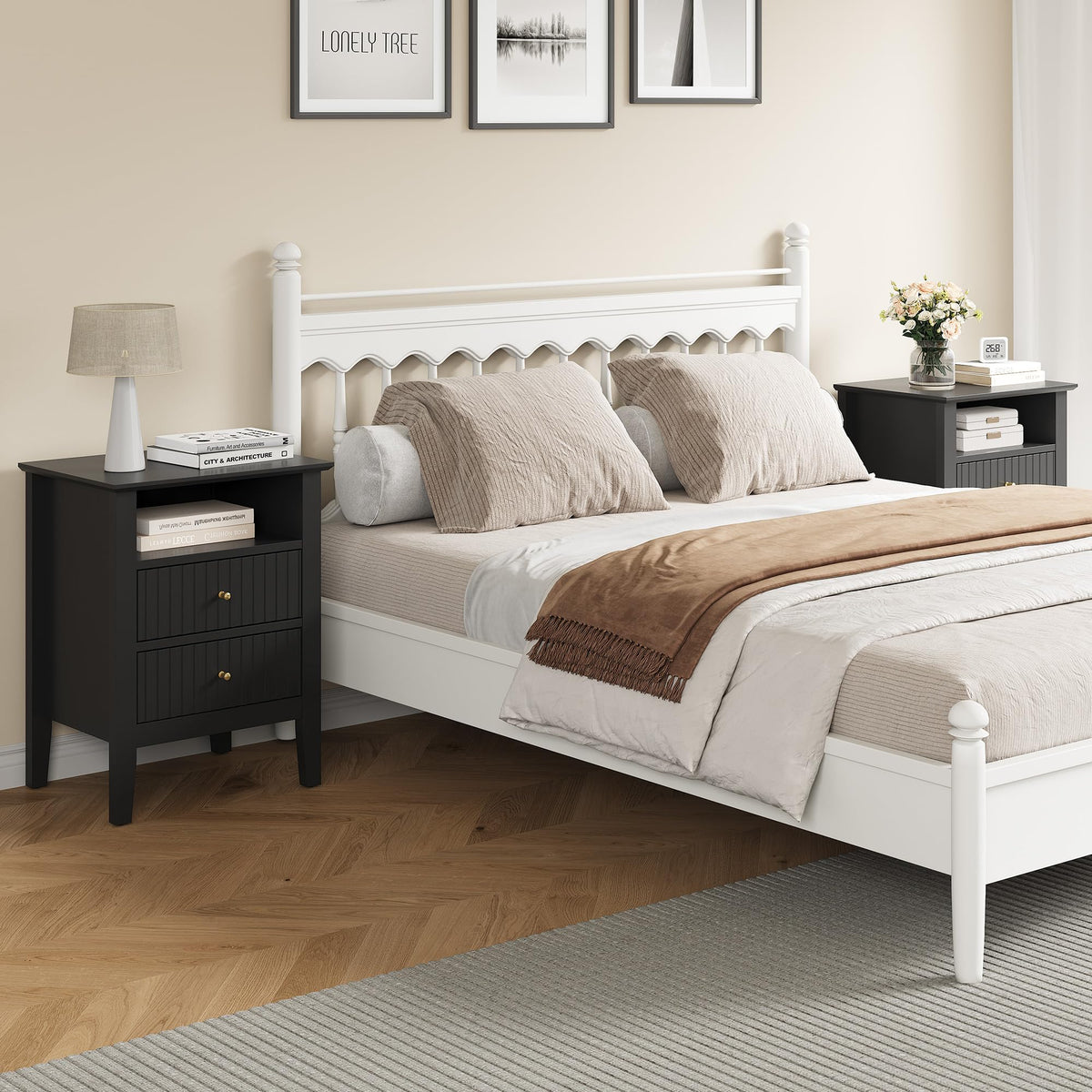 RoyalCraft Fluted Nightstand with 2 Drawers, Modern Wooden Sofa Table with Storage for Small Spaces, Tall End Table for Bedroom, Living Room, Couch Coffee Table