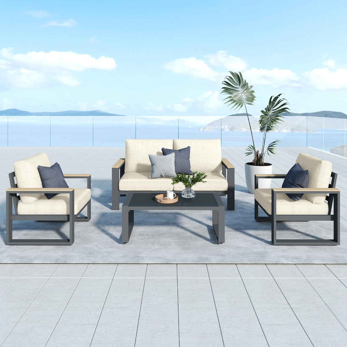 CozyHome Aluminum Patio Furniture, 4-Seats Metal Outdoor Furniture Set with Coffee Table, Modern Patio Sofa Sets Outdoor Conversation Set for Pool Garden Porch Backyard, Beige