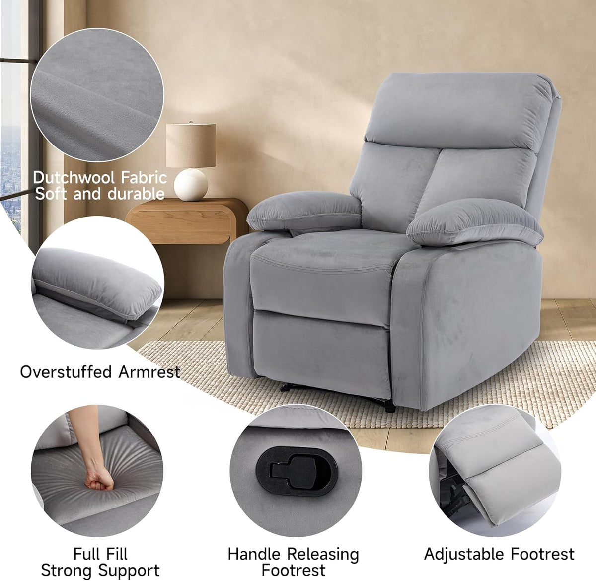 Manual Recliner Chair for Adults, Small Recliners for Small Spaces, Lazy boy Recliner Sofa Velvet Reclining Chairs for Living Room, RV, Bedroom