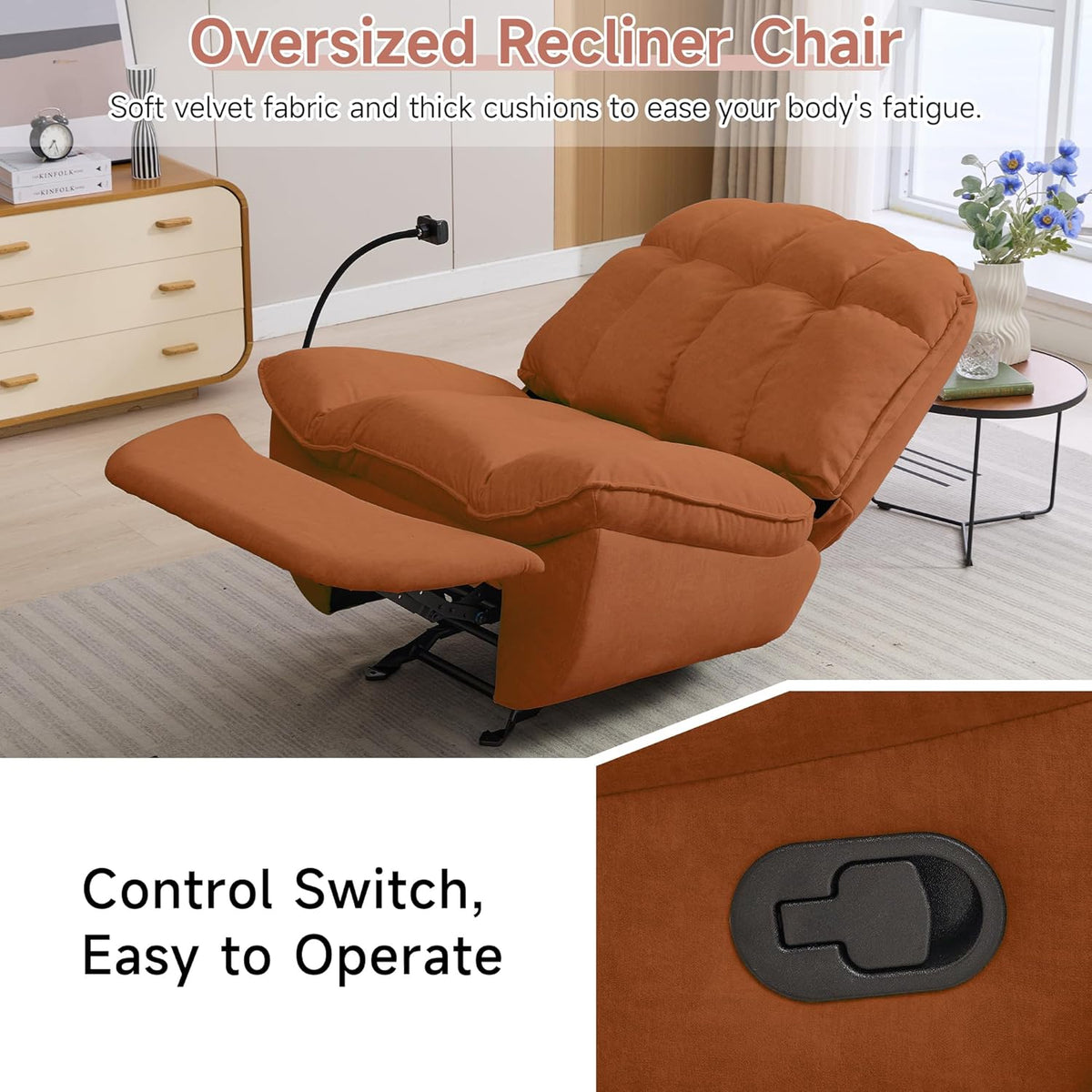 Oversized Rocker Recliner Chairs for Adults 400lbs, Rocking Recliner with Cell Phone Holder, Glider Rocker, Wide Large Single Recliner Sofa for Living Room Theater Seating