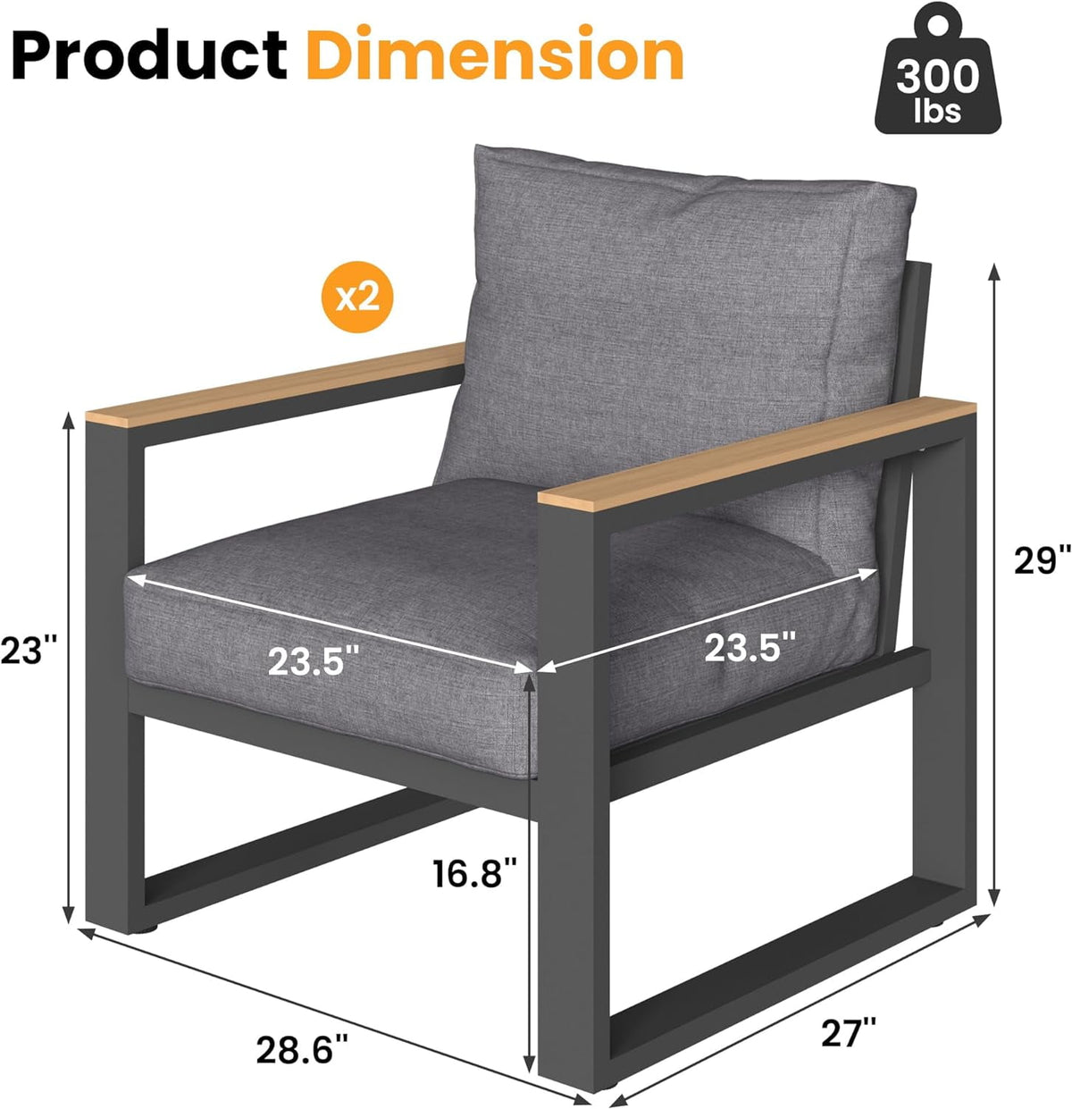 Royalcraft Aluminum Outdoor Armchair, 2 Pieces All-Weather Metal Patio Single Sofa, Patio Conversation Set for Porch Backyard Garden, Grey