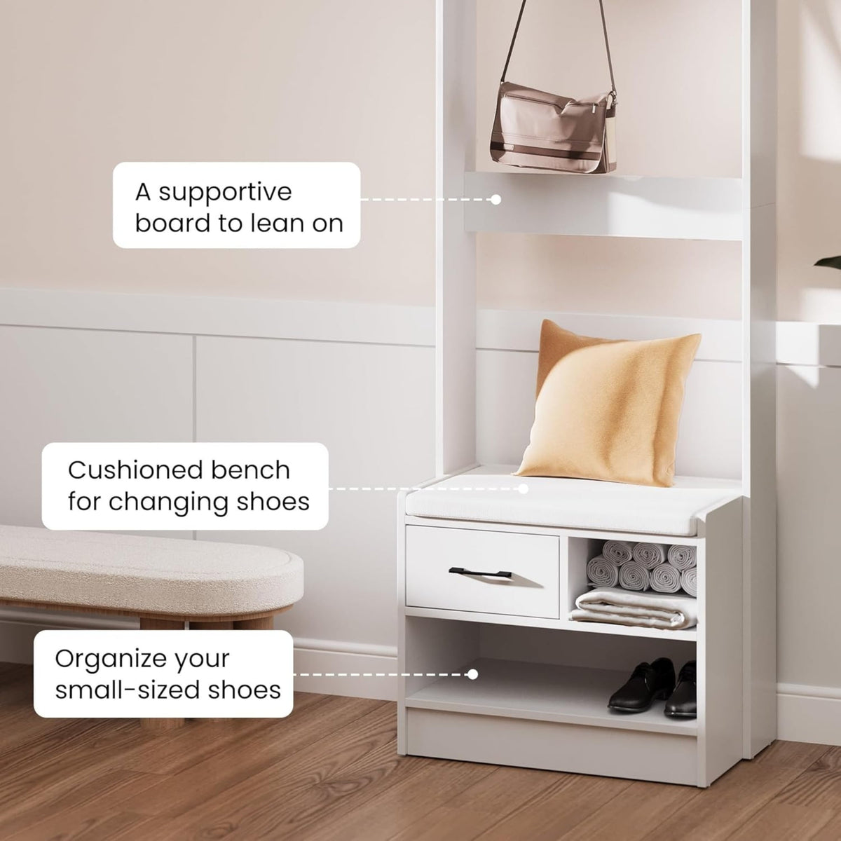 Superjoe Hall Tree with Bench, Entryway Bench with Coat Rack, Shoe Storage, Soft Cushion, Wood Entryway Furniture, White