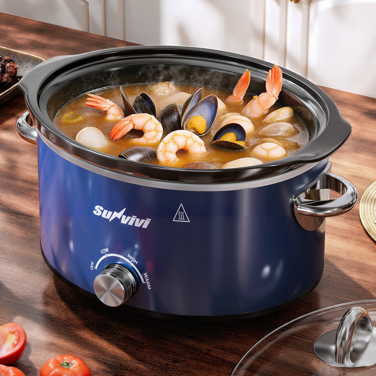 Royalcraft 4QT Compact Slow Cooker & Food Warmer with 3 Temperature Settings, Removable Ceramic Pot, Dishwasher-Safe Glass Lid, Stainless Steel - Blue