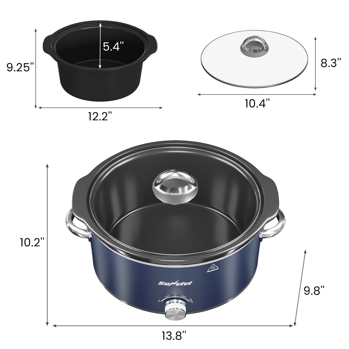 Royalcraft 4QT Compact Slow Cooker & Food Warmer with 3 Temperature Settings, Removable Ceramic Pot, Dishwasher-Safe Glass Lid, Stainless Steel - Blue
