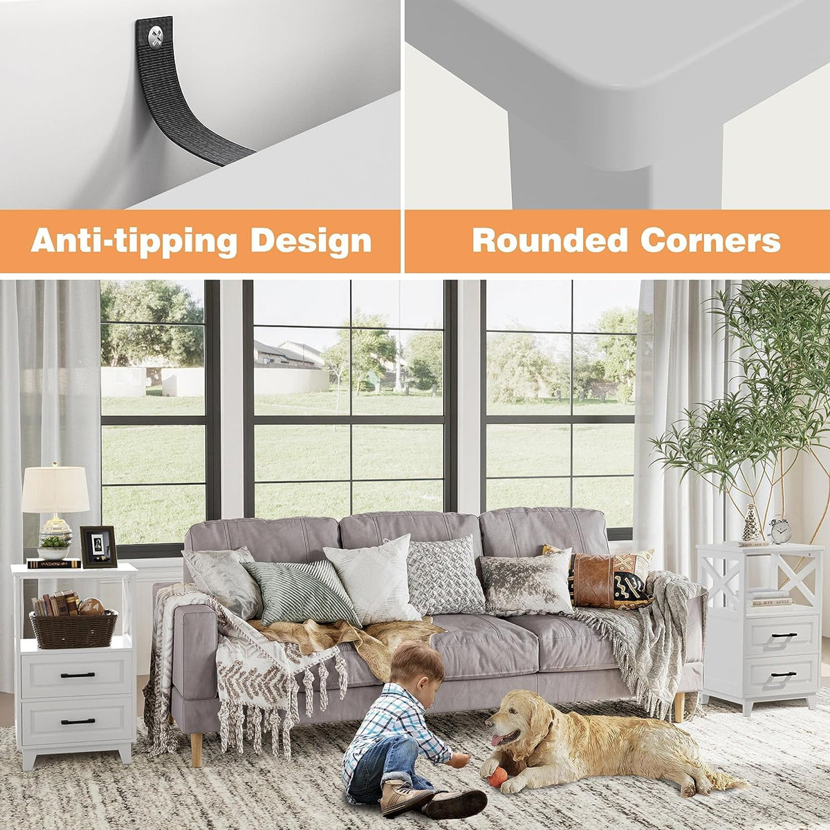 RoyalCraft White Nightstand, Farmhouse Side Table with Storage Drawers and Open Shelf, Wooden Rustic End Table Cabinet for Bedroom, Living Room nightstand
