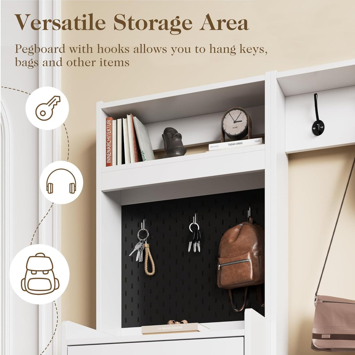 CozyHome 5-in-1 Shoe Cabinet with Flip Drawer, Entryway Shoe Storage with Pegboard, Adjustable Shelf, Wood Entryway Cabinet, White