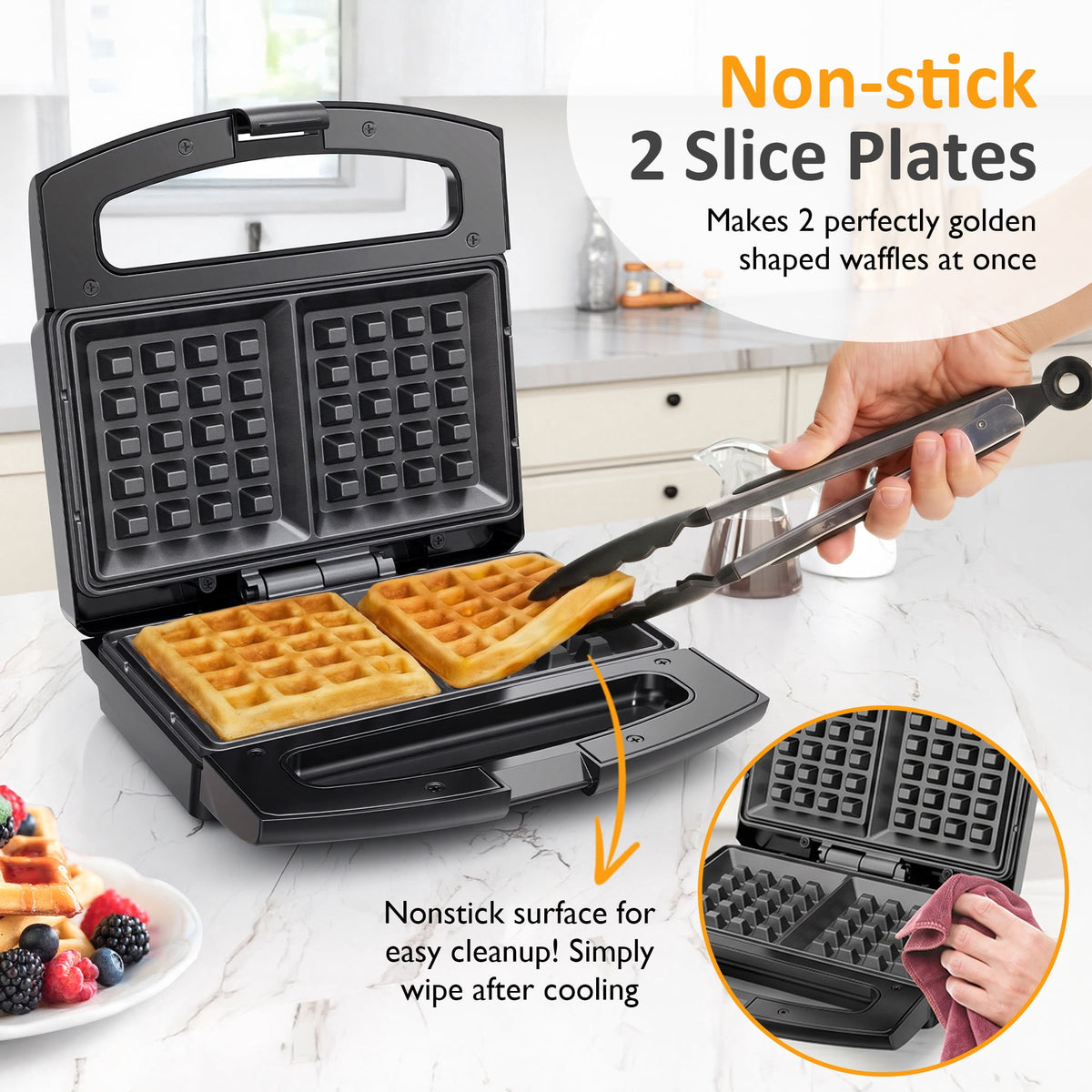 Royalcraft Electric Belgian Waffle Maker, 2 Slices Waffle Iron, Nonstick Plates, Indicator Light, Cool Touch Handle, Vertical Storage, Easy to Clean, Silver