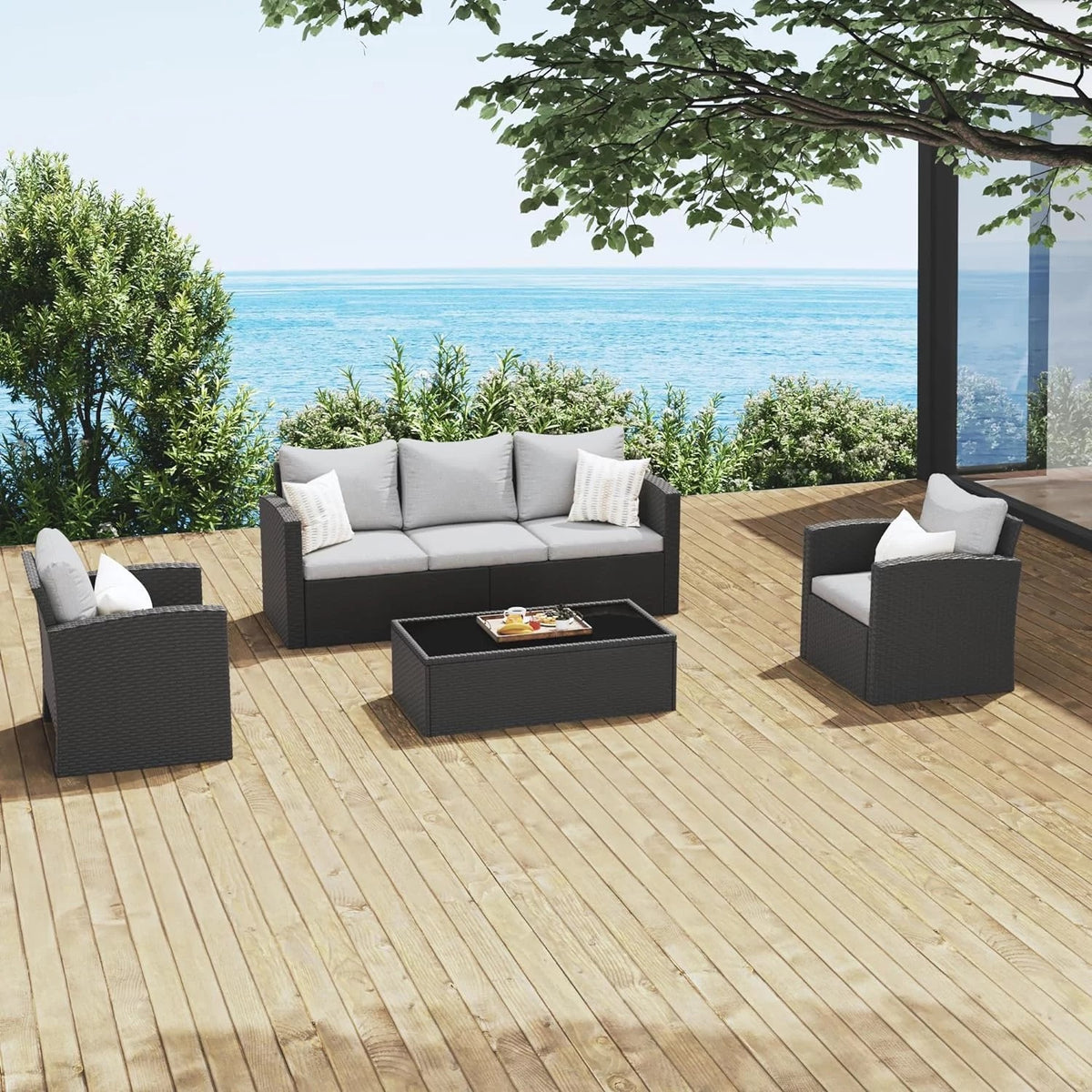 Royalcraft Outdoor Patio Loveseat, Wicker Rattan Outside Furniture Couch Sofa with Grey Cushions