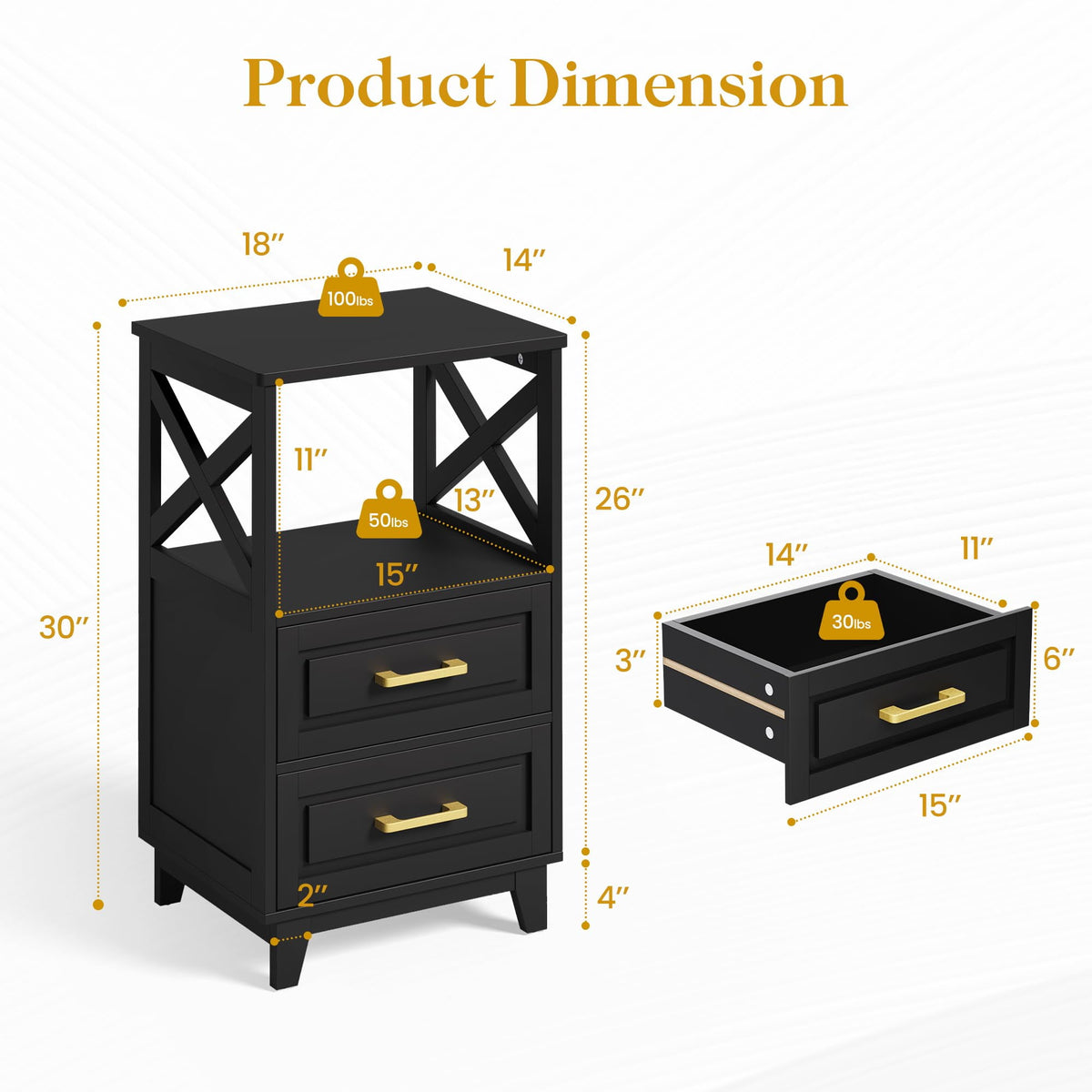 RoyalCraft Tall Nightstand Set of 2, Side Table with 2 Drawers and Open Shelf on Top, Bedside Table with Solid Feet, Modern Night Stand End Table for Bedroom, Living Room, Home Office, Black