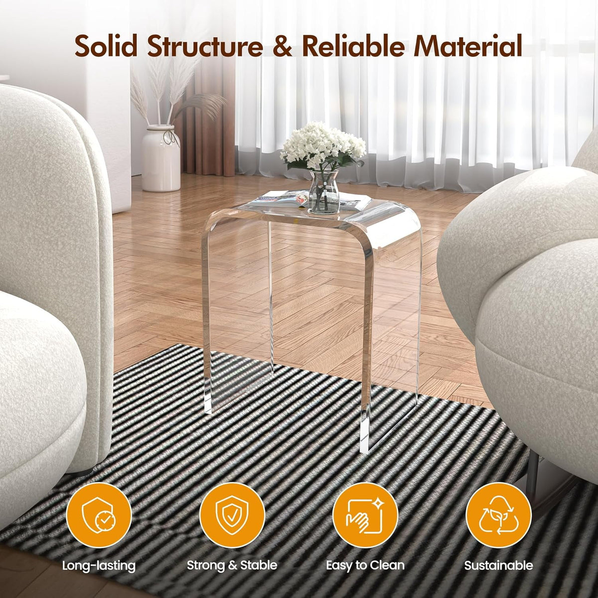 Superjoe Acrylic End Table Set of 2, Clear Lucite Coffee Table with Waterfall Edges, Contemporary Square Nightstand and Side Table for Small Living Room, Bathroom, Bedroom and Office