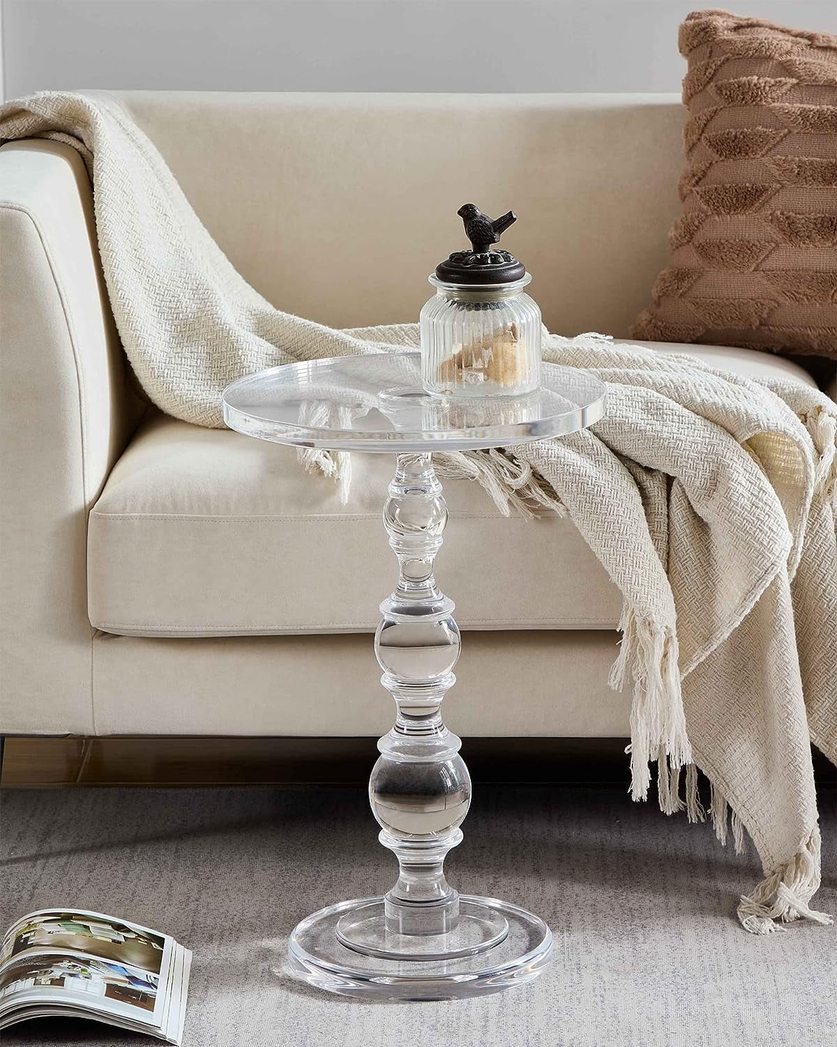 Royalcraft Acrylic Side Table, Small Gold Coffee Table with Brushed Brass Metal, Round Acrylic End Table  for Living Room Office