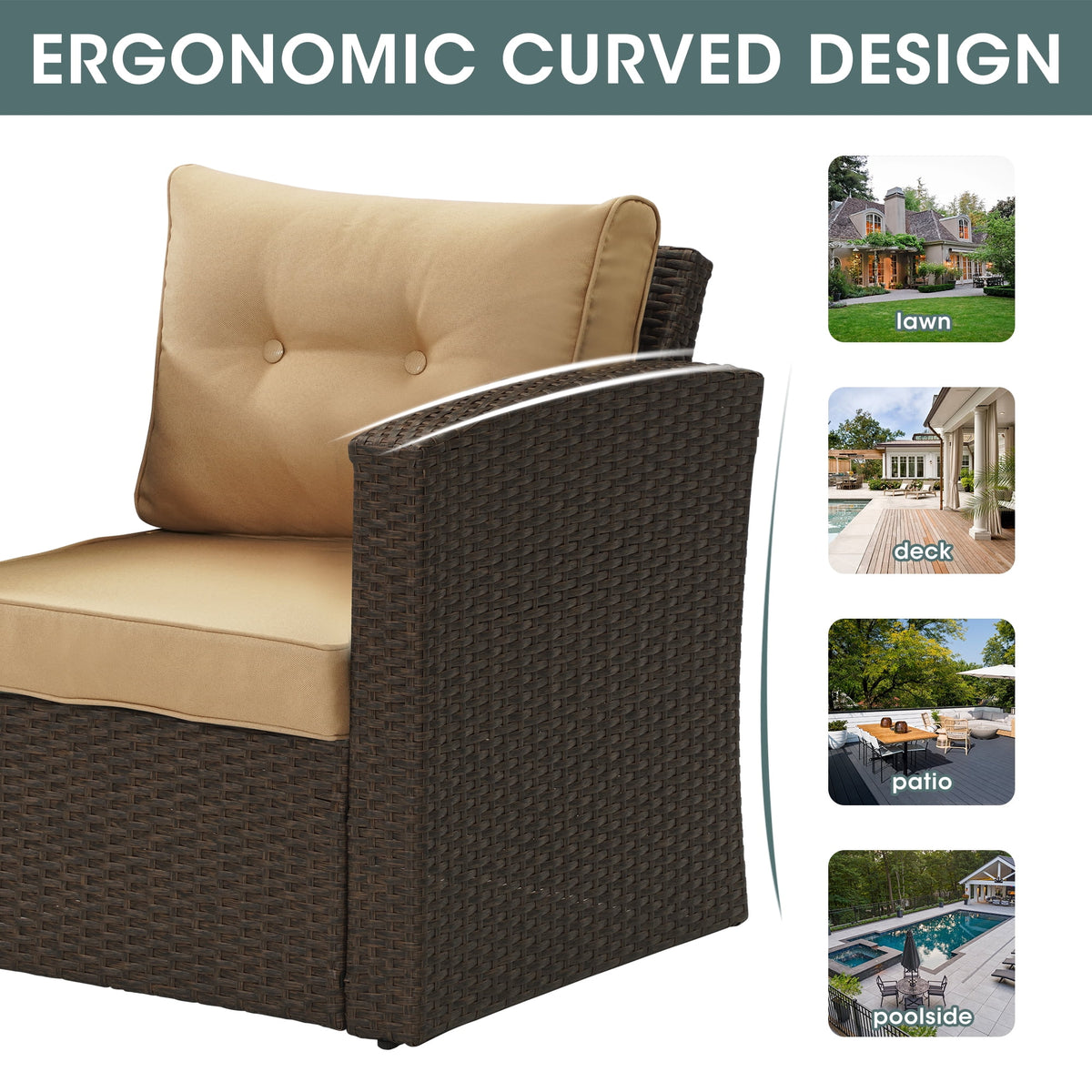 Royalcraft 7-Piece Patio Furniture with Waterproof Outdoor Coffee Table, Ergonomic Design, Lightweight Aluminum Frame, All-Weather Wicker Rattan, Non-Slip Cushions, Brown Wicker and Dark Grey Cushion