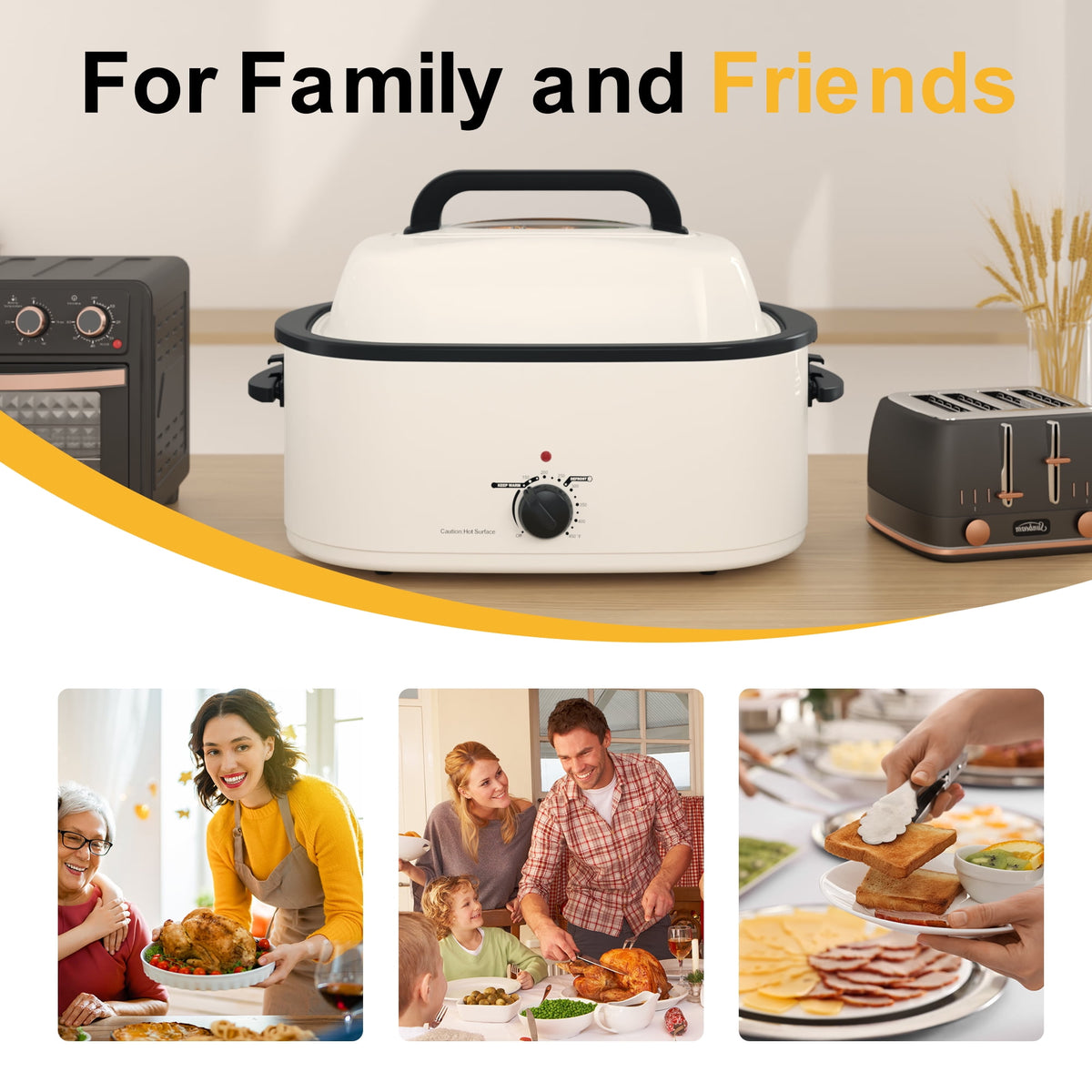 RoyalCraft 26 Quart Electric Turkey Roaster Oven with Visible Glass Lid, with Removable Pan & Rack, Stainless Steel, White