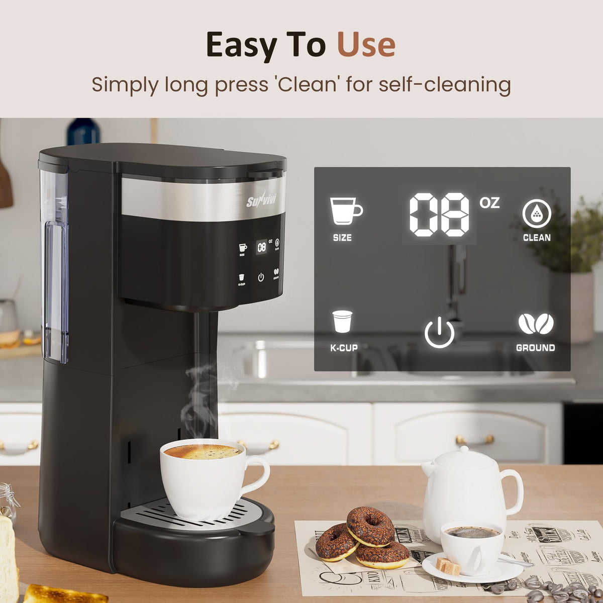 Royalcraft Single Serve Coffee Maker, Coffee Brewer with 3 Brewing Options for K Cup Pod or Ground Coffee, 30oz Removable Water Reservoir , Black