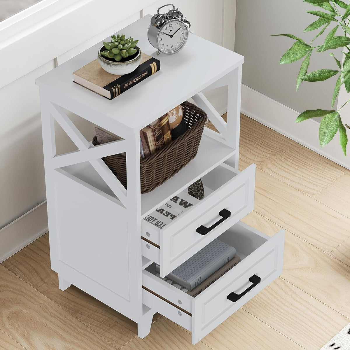 RoyalCraft White Nightstand, Farmhouse Side Table with Storage Drawers and Open Shelf, Wooden Rustic End Table Cabinet for Bedroom, Living Room nightstand