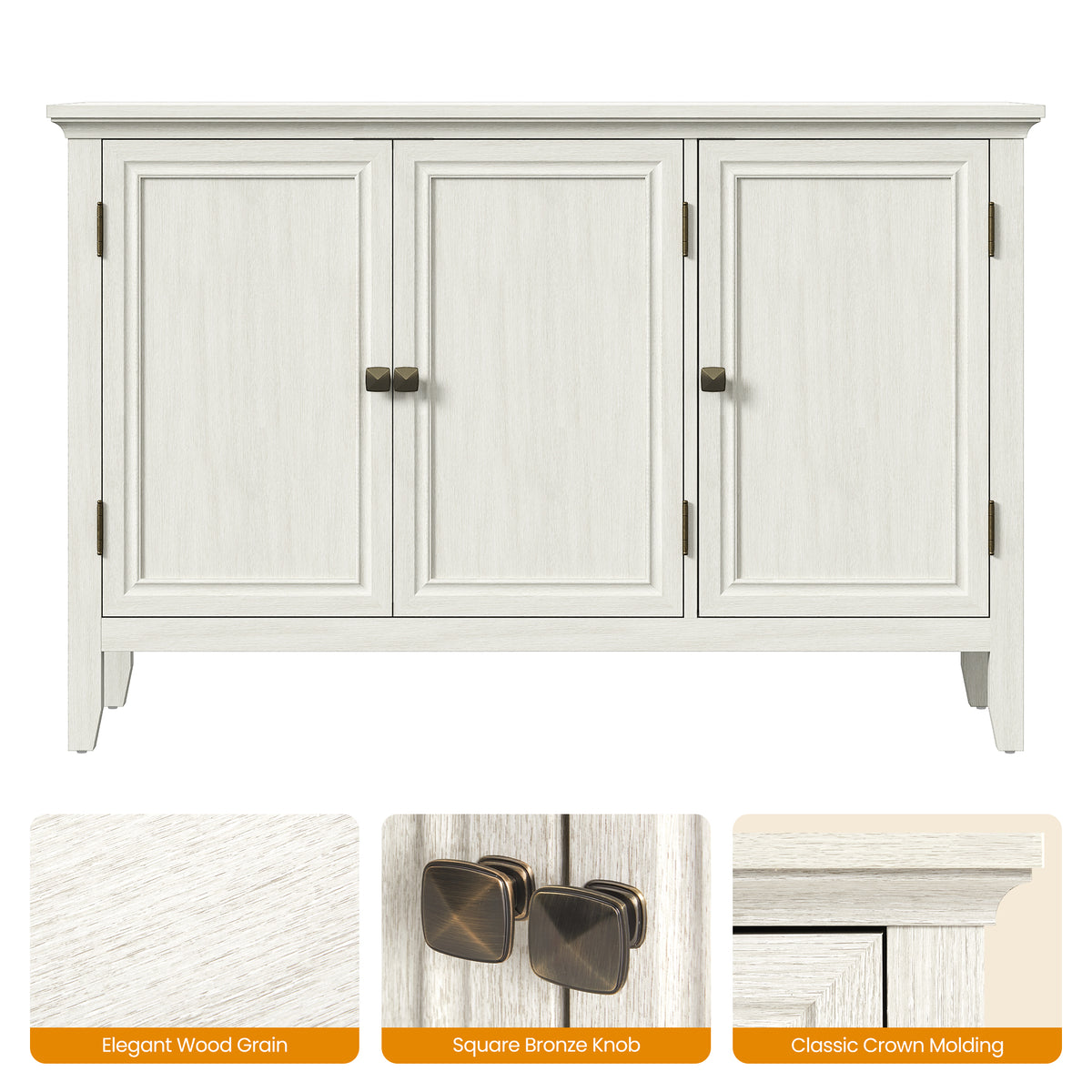 Royalcraft 3-Door Buffet Cabinet with Storage, Bohemian Sideboard with Adjustable Shelves, Wood Credenza Cabinet, Console Table for Bedroom, Living Room, Dining Room, Hallway, Grayish-White