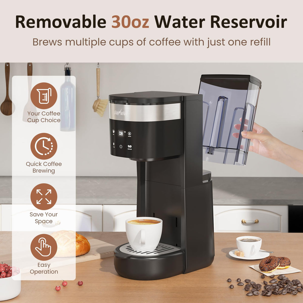 Royalcraft Single Serve Coffee Maker, Coffee Brewer with 3 Brewing Options for K Cup Pod or Ground Coffee, 30oz Removable Water Reservoir , Black