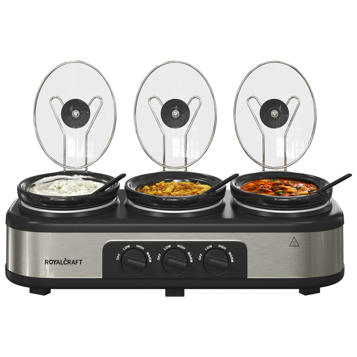 RoyalCraft Triple Slow Cooker - Effortlessly Cook and Serve Multiple Meals at Once, 3 Nylon Spoons , Adjustable Temp, Entrees, Sauces, Stews & Dips, Dishwasher Safe Glass Lid & Crock Ceramic Pot, 1.5 Quart 3 Crock Cooker Pot, Stainless Steel