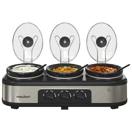 RoyalCraft Triple Slow Cooker - Effortlessly Cook and Serve Multiple Meals at Once, 3 Nylon Spoons , Adjustable Temp, Entrees, Sauces, Stews & Dips, Dishwasher Safe Glass Lid & Crock Ceramic Pot, 1.5 Quart 3 Crock Cooker Pot, Stainless Steel