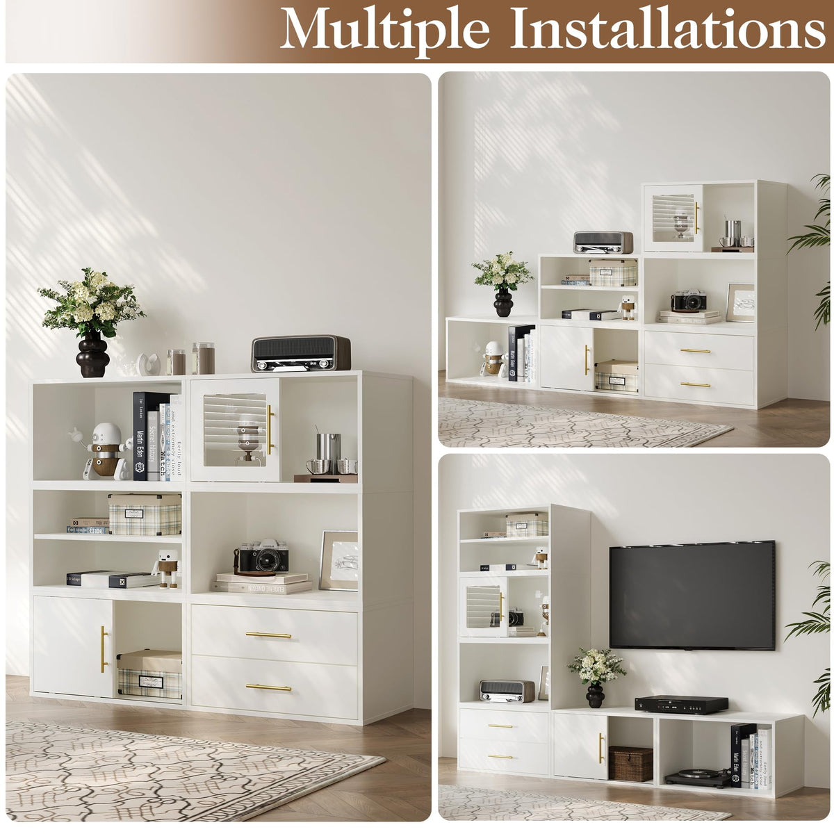 Royalcraft 6 Pieces Cube Storage Organizer, Stackable 24" Small Open Bookcase with Drawers, Adjustable Shelf and Sliding Door, White Wood Cubby Storage Shelves for Small Space, Living Room, Bedroom