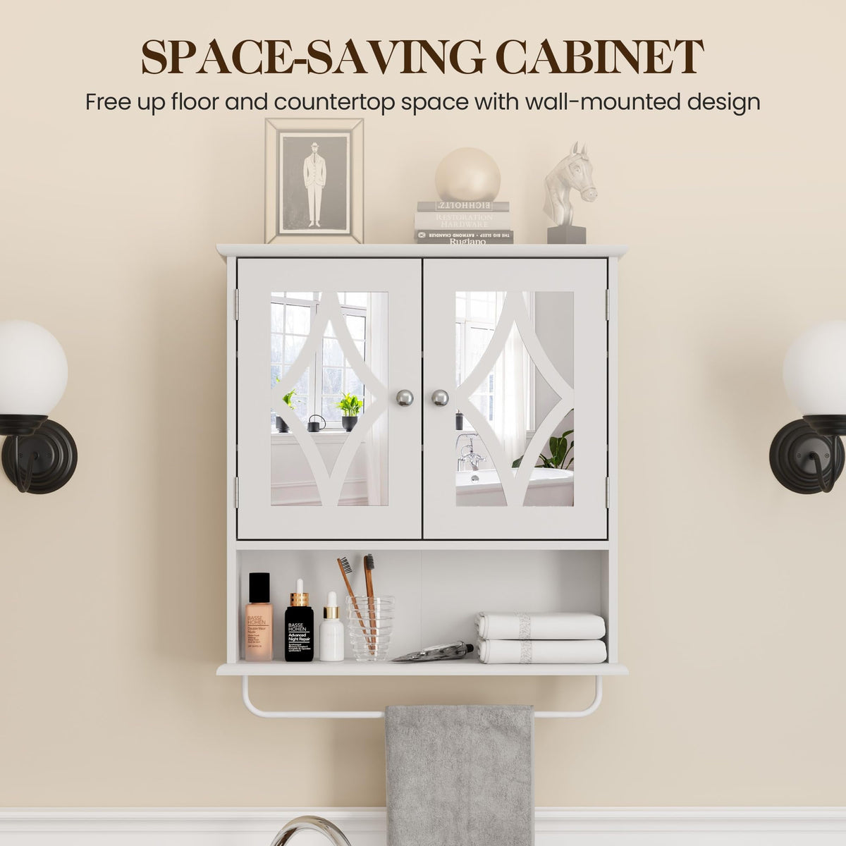 RoyalCraft Bathroom Medicine Cabinet with Mirror, Vanity Wall Mounted Storage Cabinet with Adjustable Shelves and Towel Bar, Hanging Wall Cabinet for Bathroom, Laundry, Living Room, White