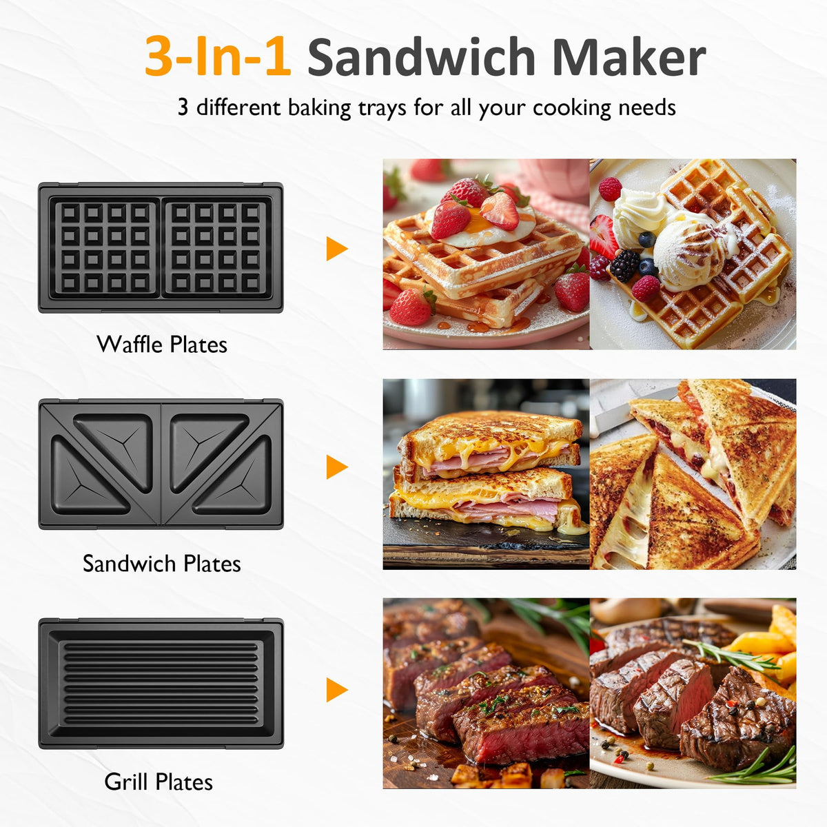 Royalcraft 3 in 1 Sandwich Maker, Electric Waffle Maker with Removable Non-stick Plates, 850W Panini Press Grill with Glass Top, Cool Touch Handle & Easy to Clean, Black