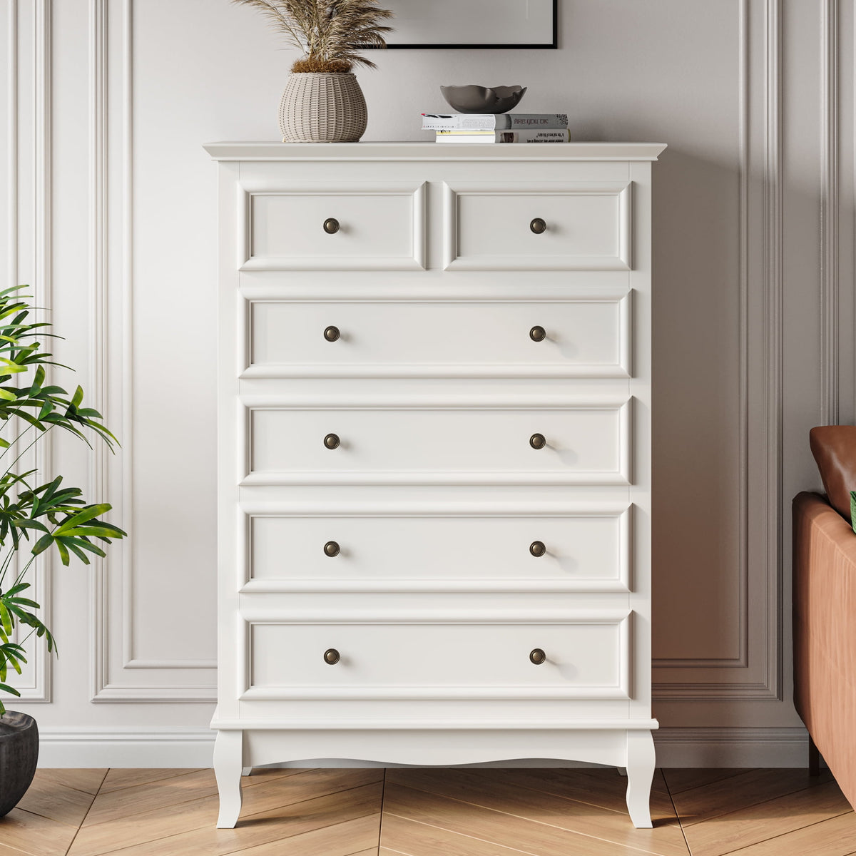 RoyalCraft White 6 Drawer Dresser, Large Storage Chest with Ball Bearing Slide, Wide Chest of Drawers, Modern Wood Dresser for Bedroom, Living Room, Hallway, Entryway, White
