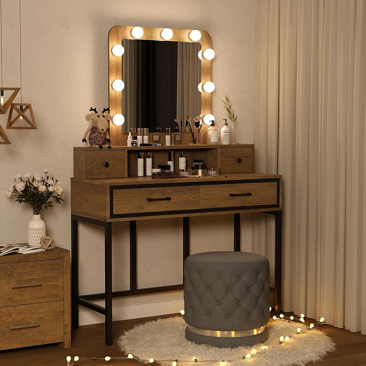 Royalcraft Makeup Vanity Table Set with Sliding Lighted Mirror