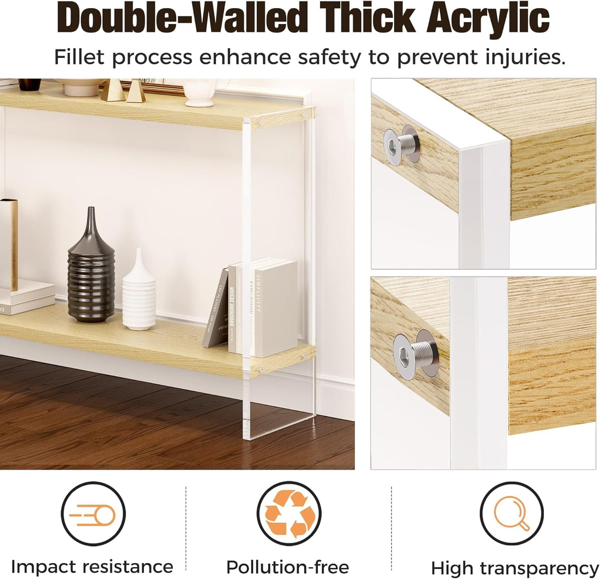 Acrylic Console Table, 47.24" Modern Entryway Table with Storage Shelf, Clear Acrylic Doorway Table, 2-Tier Sofa Table for Living Room, Bedroom, Hallway, and Dining Room (Natural Oak)