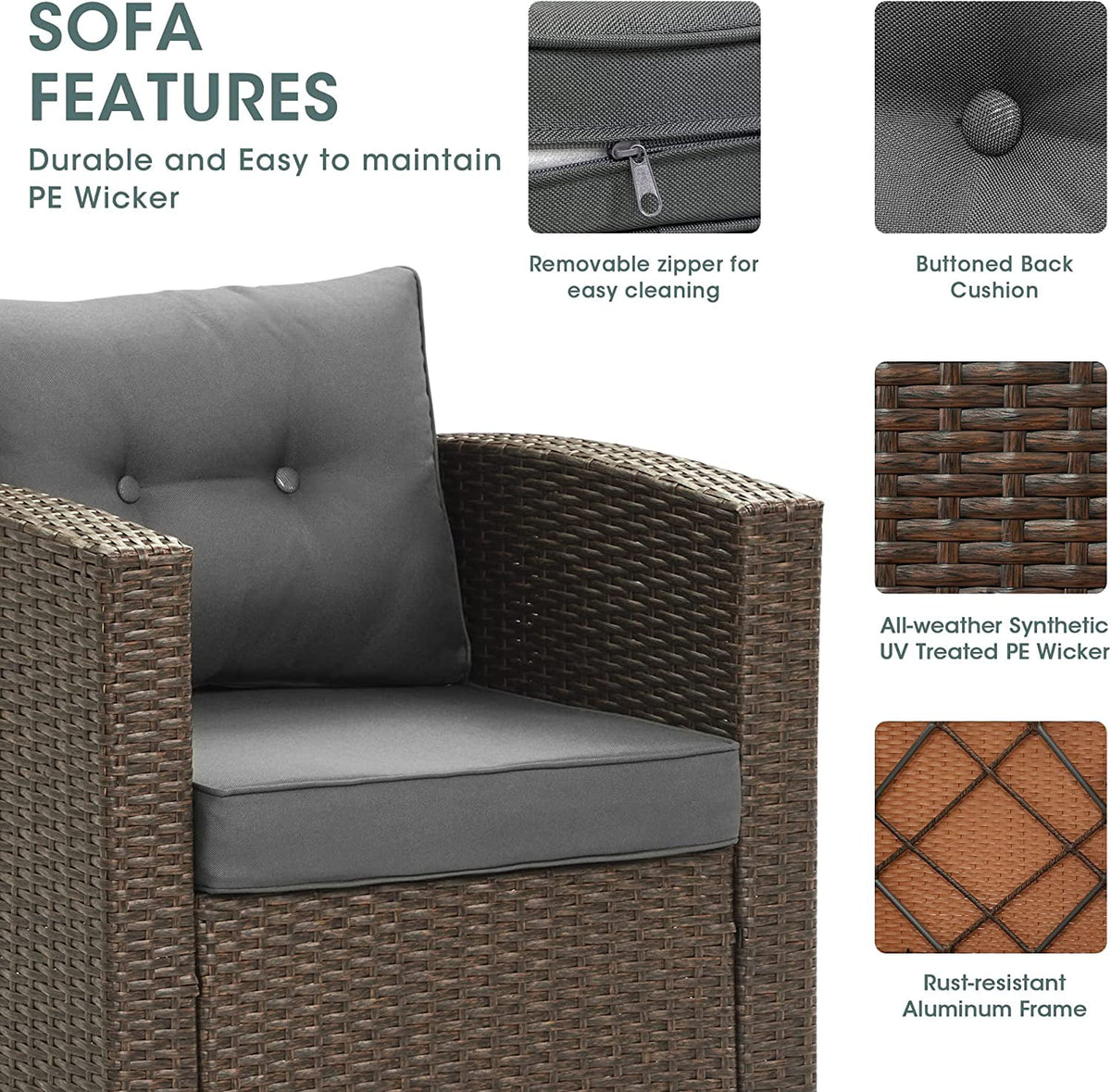 Royalcraft Patio Furniture Set with Cushions, PE Wicker Outdoor Conversation Set Outdoor Sectional Sofa for Garden, Beach, Balcony and Poolside, Aluminum Frame