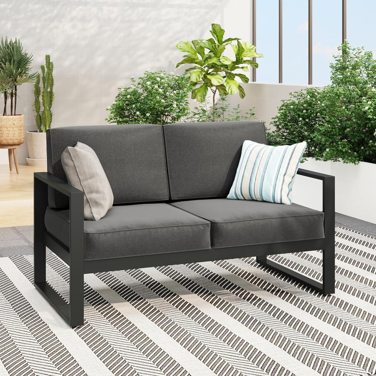 Royalcraft Aluminum Patio Furniture Set, All-Weather 7 Pieces Outdoor Couch Conversation Set Modern Metal Outdoor Sectional Sofa with Ottomans and Coffee Table
