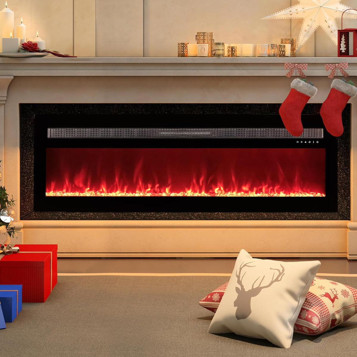 Royalcraft 50 Inch Recessed and Wall Mounted Electric Fireplace, Low Noise Fireplace Heater with 20 Multicolor Flames and 8h Timer, 1400W Heater with Touch Screen and Remote Control, Black